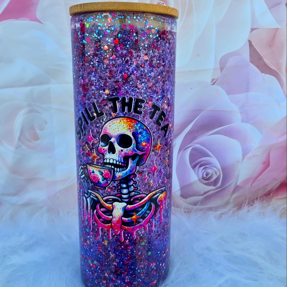 Spill the Tea Glitter Tumbler – 20oz Iced Coffee Cup with Lid and Straw
